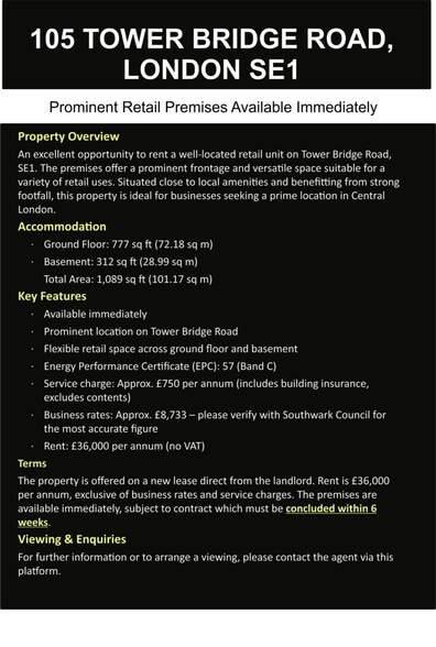 105 Tower Bridge Rd, London to rent - Building Photo - Image 2 of 7